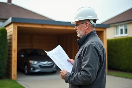 Homme en travail examinant plans devant carport moderne