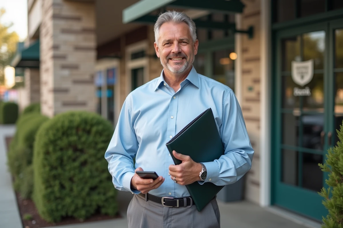 Homme d affaires avec dossier de prêt devant une banque