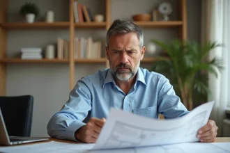 Homme d'âge moyen au bureau examine des papiers
