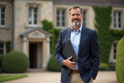 Homme en blazer devant le Château de Chaumont