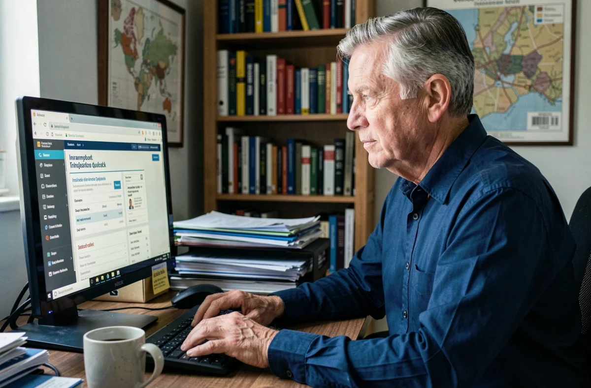 Homme senior comparant des offres d'assurance habitation pas chères sur ordinateur dans un bureau à domicile