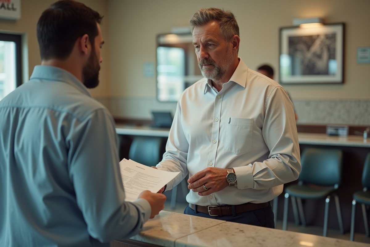Homme remettant ses papiers à la mairie en intérieur