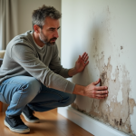 Infiltration d’eau : Comment déclarer et agir en cas de problème d’humidité ? Homme d'âge moyen inspectant une tache d'eau sur un mur intérieur