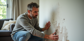 Infiltration d’eau : Comment déclarer et agir en cas de problème d’humidité ? Homme d'âge moyen inspectant une tache d'eau sur un mur intérieur