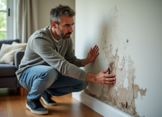 Infiltration d’eau : Comment déclarer et agir en cas de problème d’humidité ? Homme d'âge moyen inspectant une tache d'eau sur un mur intérieur