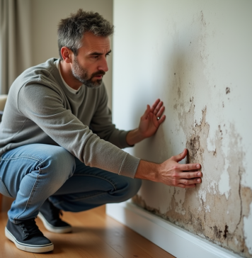 Infiltration d’eau : Comment déclarer et agir en cas de problème d’humidité ? Homme d'âge moyen inspectant une tache d'eau sur un mur intérieur
