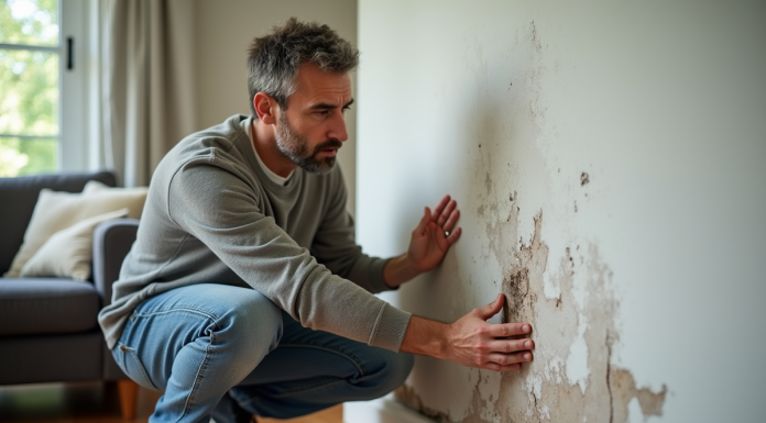 Infiltration d’eau : Comment déclarer et agir en cas de problème d’humidité ? Homme d'âge moyen inspectant une tache d'eau sur un mur intérieur