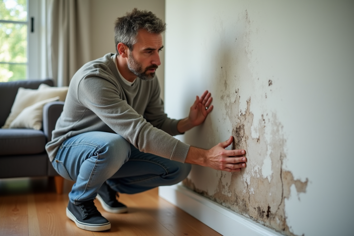 homme-examinant-eclat-d-eau-mur Homme d'âge moyen inspectant une tache d'eau sur un mur intérieur