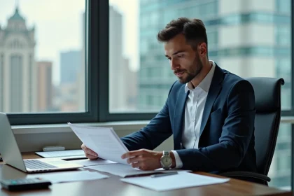 Homme d affaires en costume navy regardant un document de mortgage