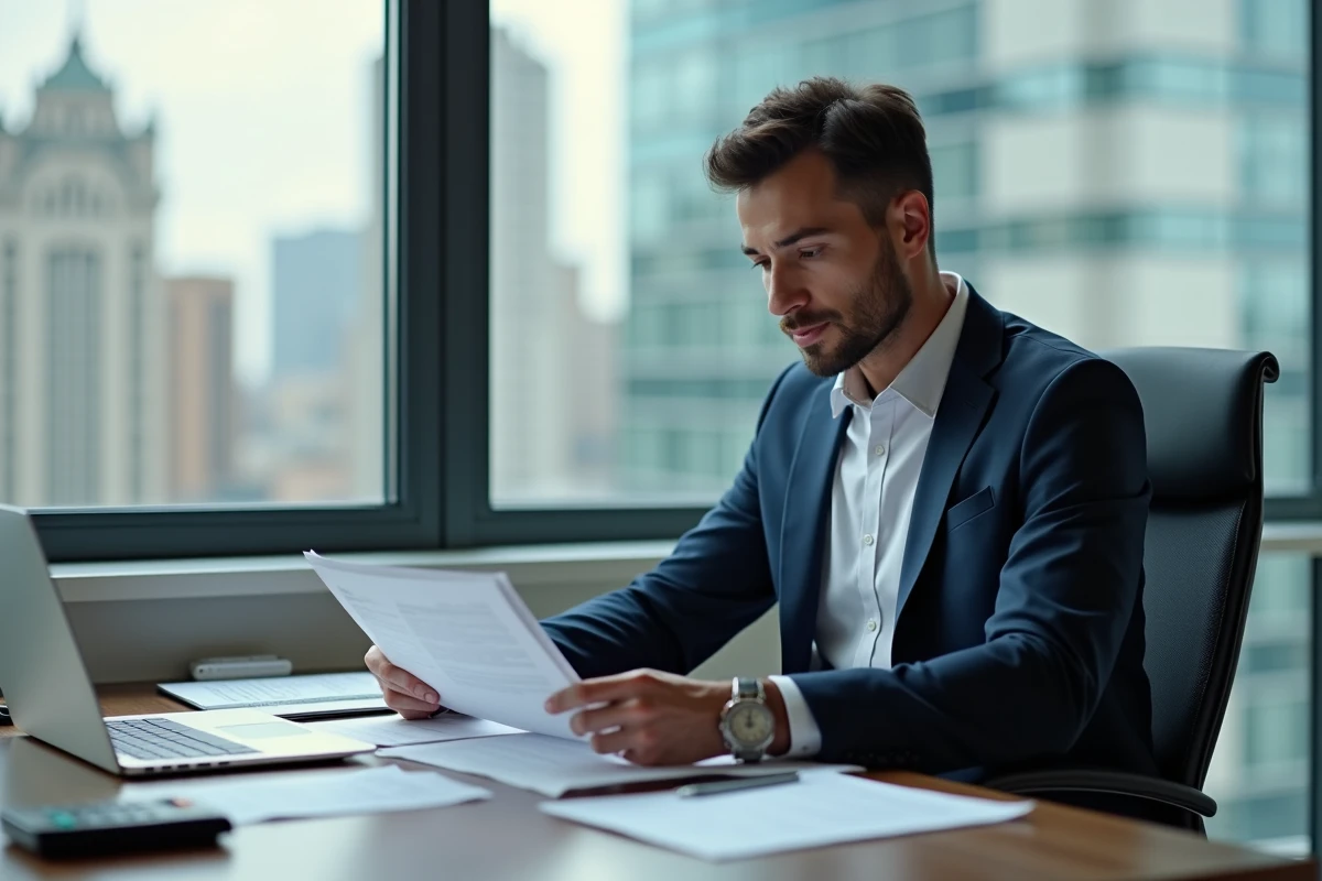 Homme d affaires en costume navy regardant un document de mortgage