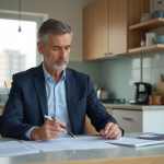 Homme d'âge moyen dans une cuisine moderne gère ses finances