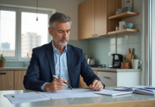Homme d'âge moyen dans une cuisine moderne gère ses finances