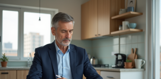 Homme d'âge moyen dans une cuisine moderne gère ses finances