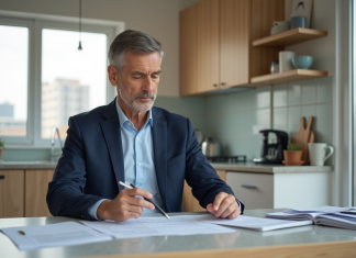 Homme d'âge moyen dans une cuisine moderne gère ses finances
