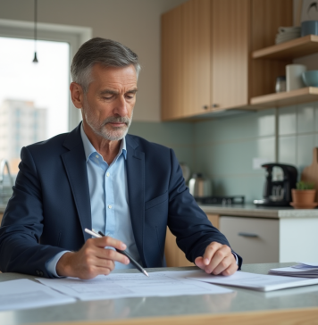 Déductibles en LMNP : quelles charges sont importantes pour optimiser vos impôts ? Homme d'âge moyen dans une cuisine moderne gère ses finances