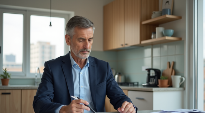 Homme d'âge moyen dans une cuisine moderne gère ses finances