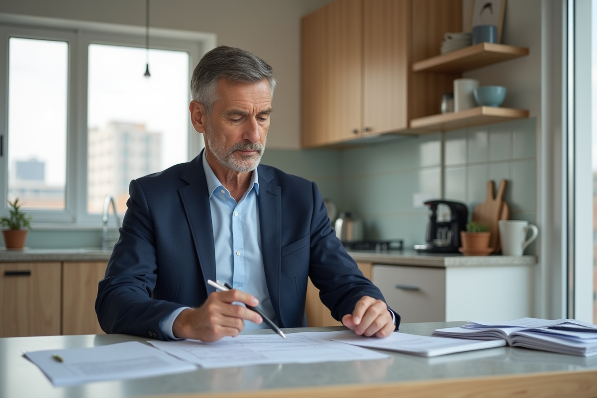 Homme d'âge moyen dans une cuisine moderne gère ses finances