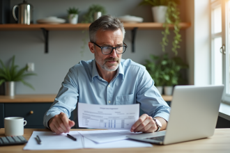 Homme d'âge moyen examinant documents fiscaux à la maison