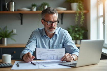 Homme d'âge moyen examinant documents fiscaux à la maison