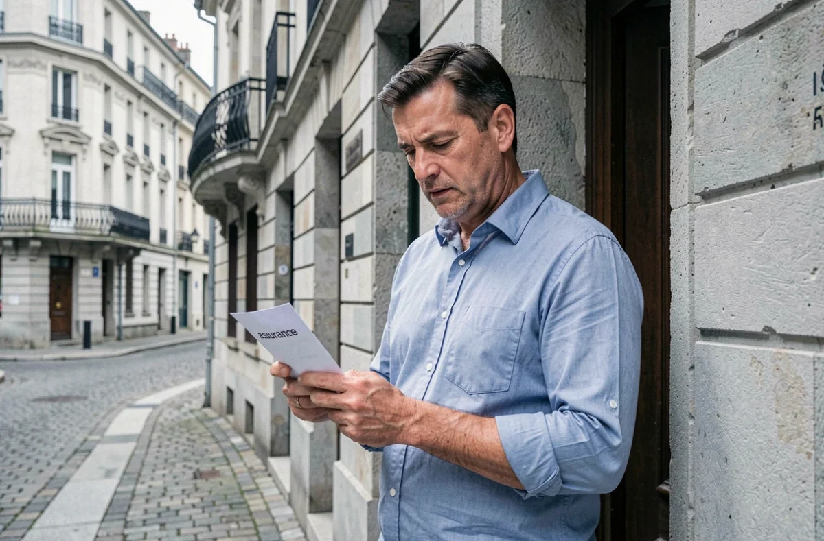 Homme devant un immeuble en pierre de Grenoble tenant une enveloppe de contrat d'assurance habitation
