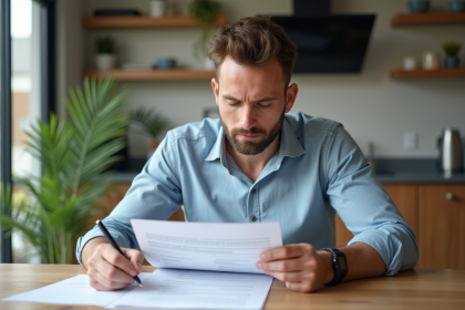 Homme concentré examinant des documents de prêt immobilier