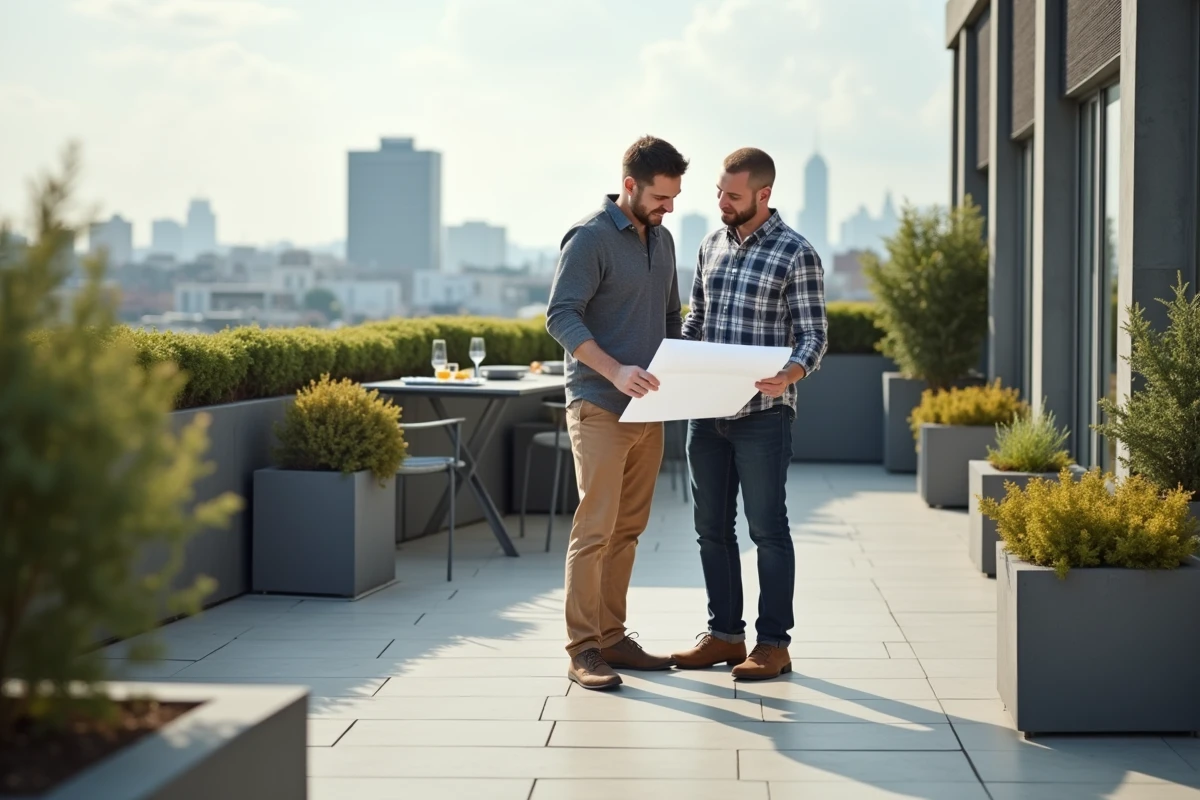 Homme en plaid revoyant des plans sur une terrasse urbaine
