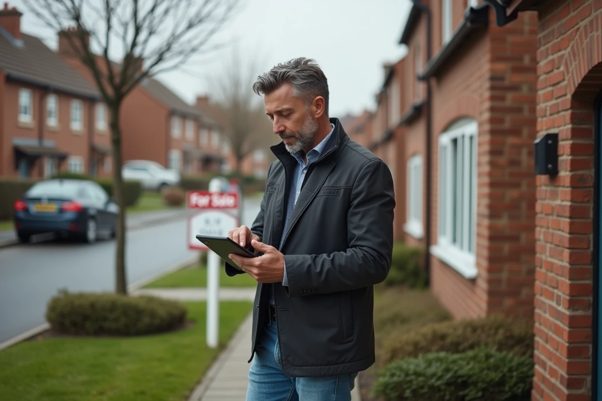 Homme vérifiant des analyses immobilières devant une maison