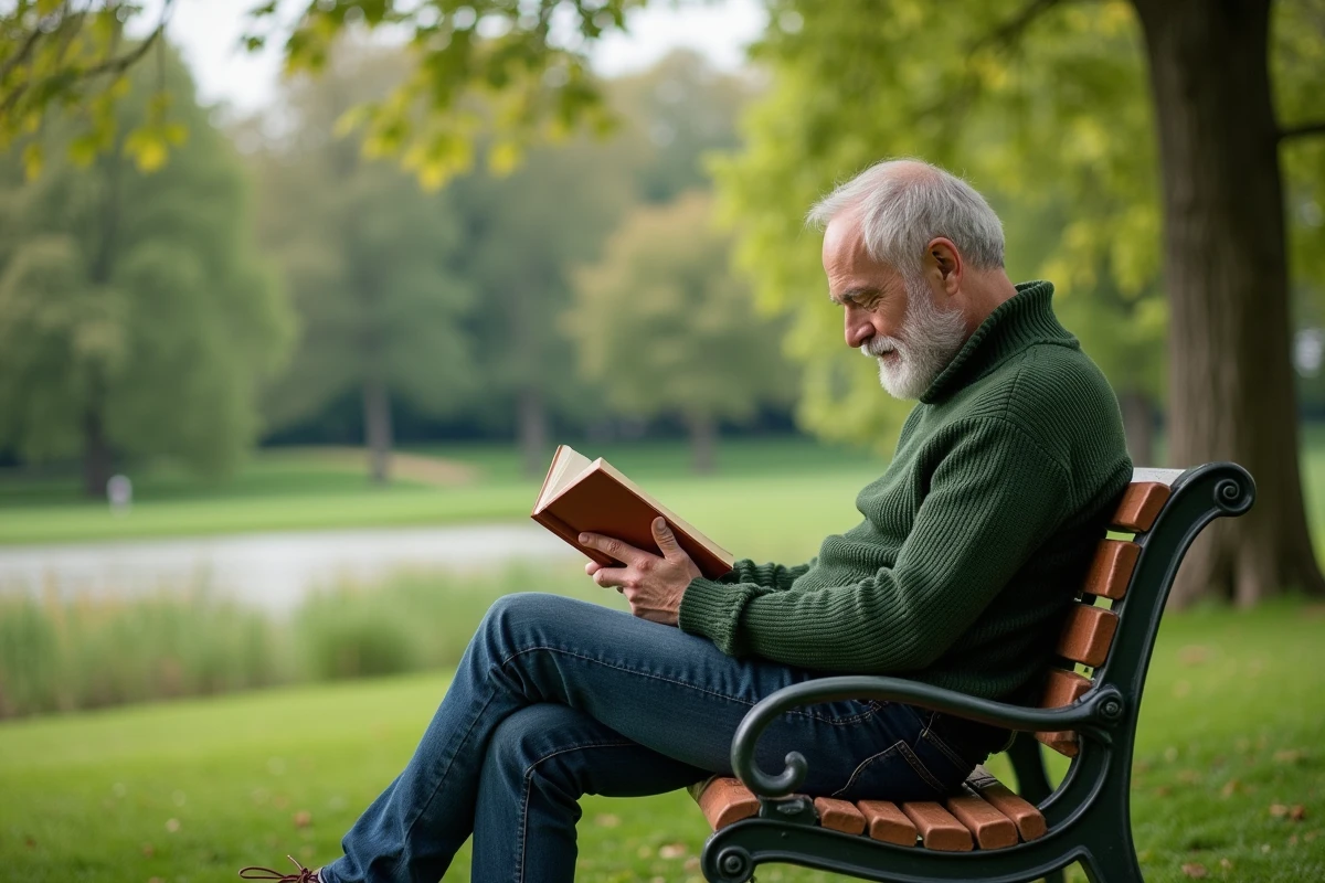Homme détendu lisant dans un parc verdoyant près de Paris