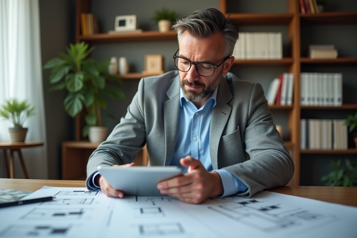 Homme d'âge moyen analysant un rapport immobilier sur une tablette