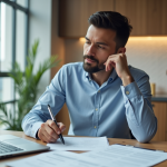 Loyer rentable : comment fixer le loyer idéal pour votre investissement locatif ? Homme daffaires examine des documents de location dans un appartement moderne