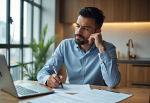 Homme daffaires examine des documents de location dans un appartement moderne