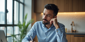 Homme daffaires examine des documents de location dans un appartement moderne