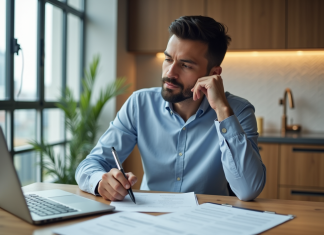 Homme daffaires examine des documents de location dans un appartement moderne