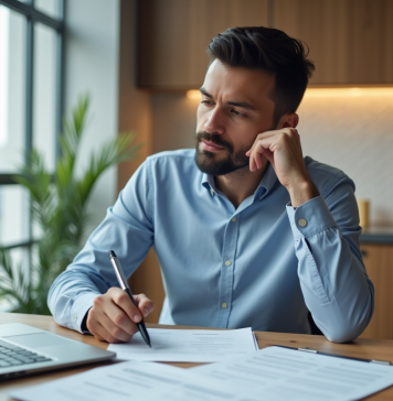 Loyer rentable : comment fixer le loyer idéal pour votre investissement locatif ? Homme daffaires examine des documents de location dans un appartement moderne