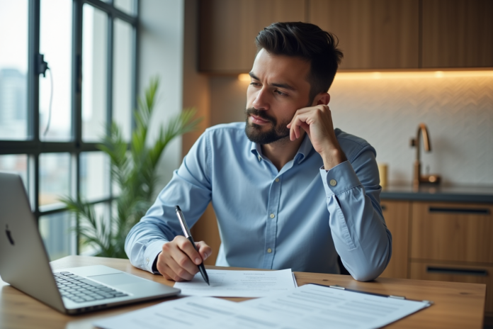 Homme daffaires examine des documents de location dans un appartement moderne