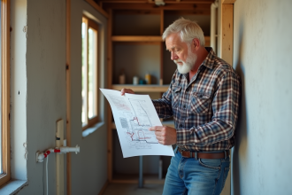 Homme d'âge moyen examine un diagramme de plomberie dans une maison
