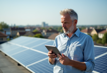 Panneaux solaires : quel contrat choisir pour une installation efficace ? Homme d'âge moyen sur un toit solaire en ville