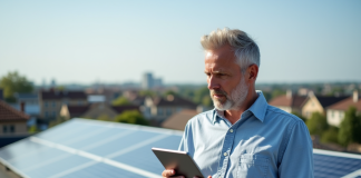 Panneaux solaires : quel contrat choisir pour une installation efficace ? Homme d'âge moyen sur un toit solaire en ville