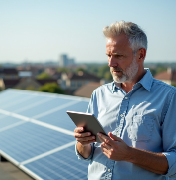 Homme d'âge moyen sur un toit solaire en ville