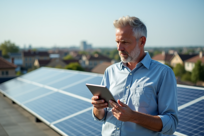 homme-rooftop-panneaux-solaire Homme d'âge moyen sur un toit solaire en ville