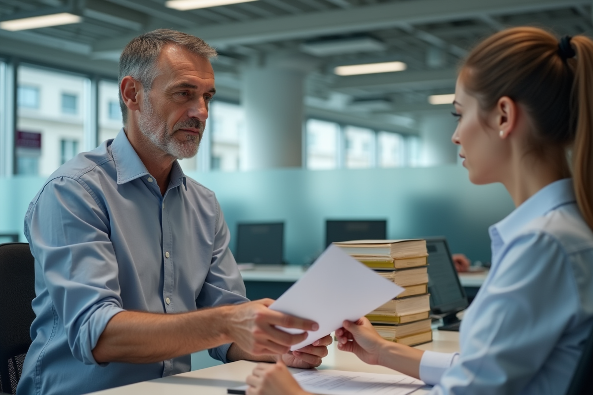 Homme remettant un document à une agente dans un bureau public
