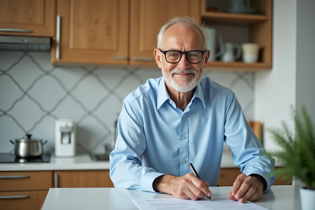 Homme &acirc;g&eacute; signant une lettre dans la cuisine lumineuse