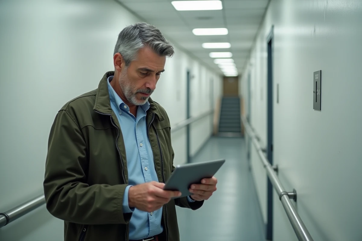 Homme consultant une interface de recherche de logement social sur tablette dans le couloir d'un immeuble HLM rénové à Paris, illustrant LOC annonce 2026