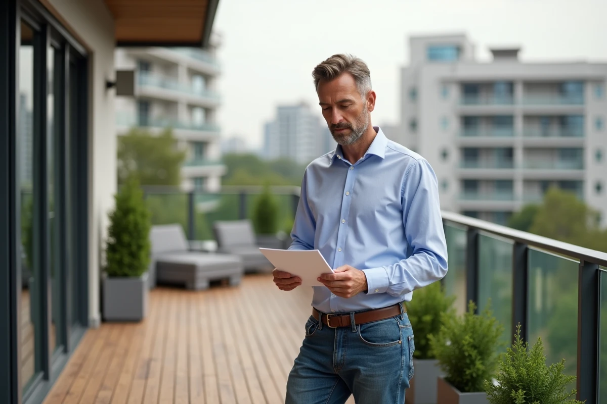 Homme d'âge moyen tenant des documents sur une terrasse moderne