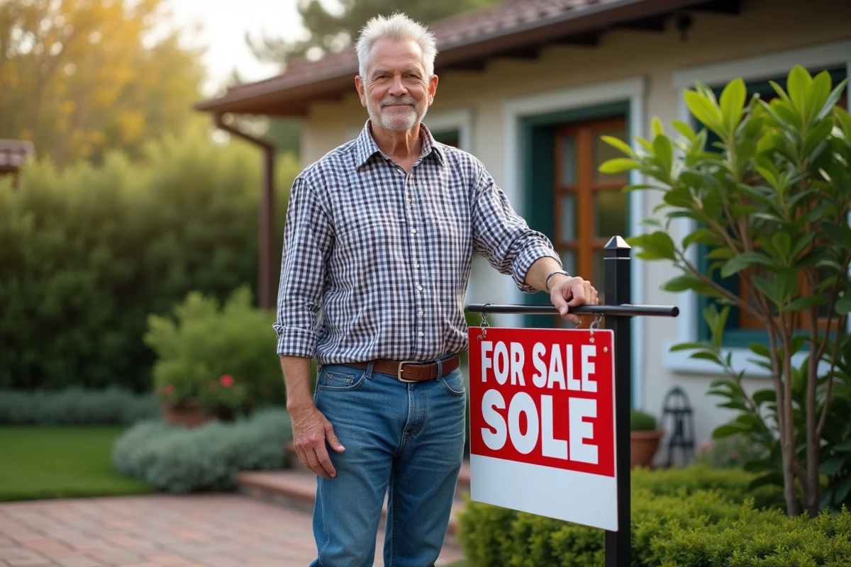 Homme posant un panneau vente maison dans le jardin