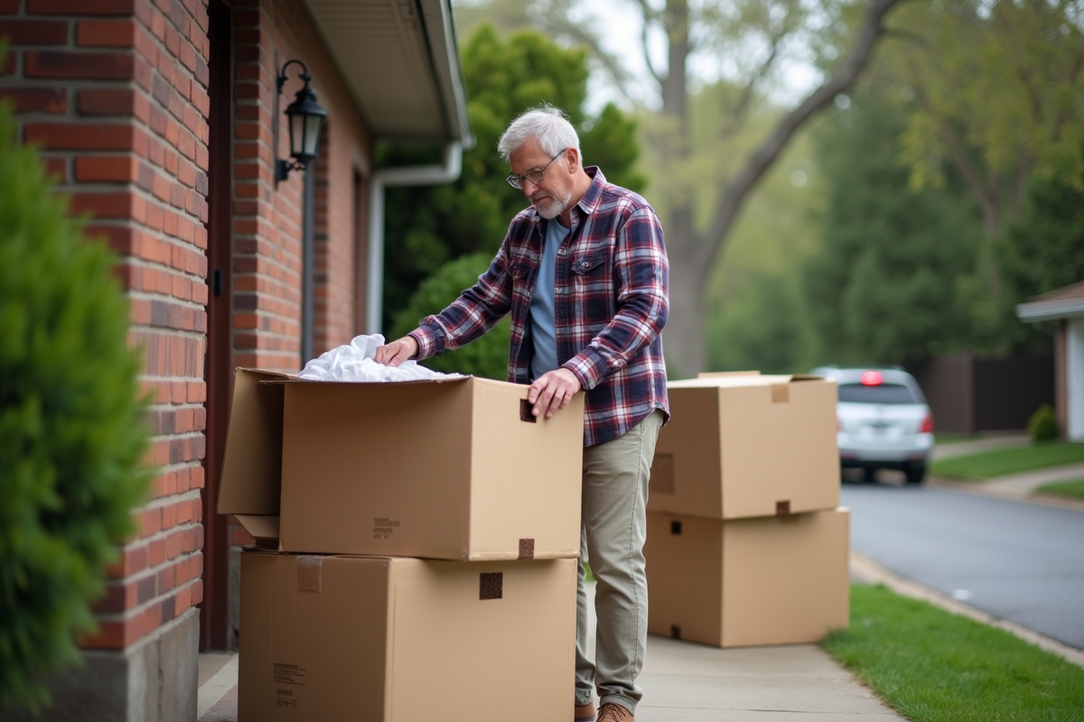 Homme examine une grande box sur le porche de sa maison