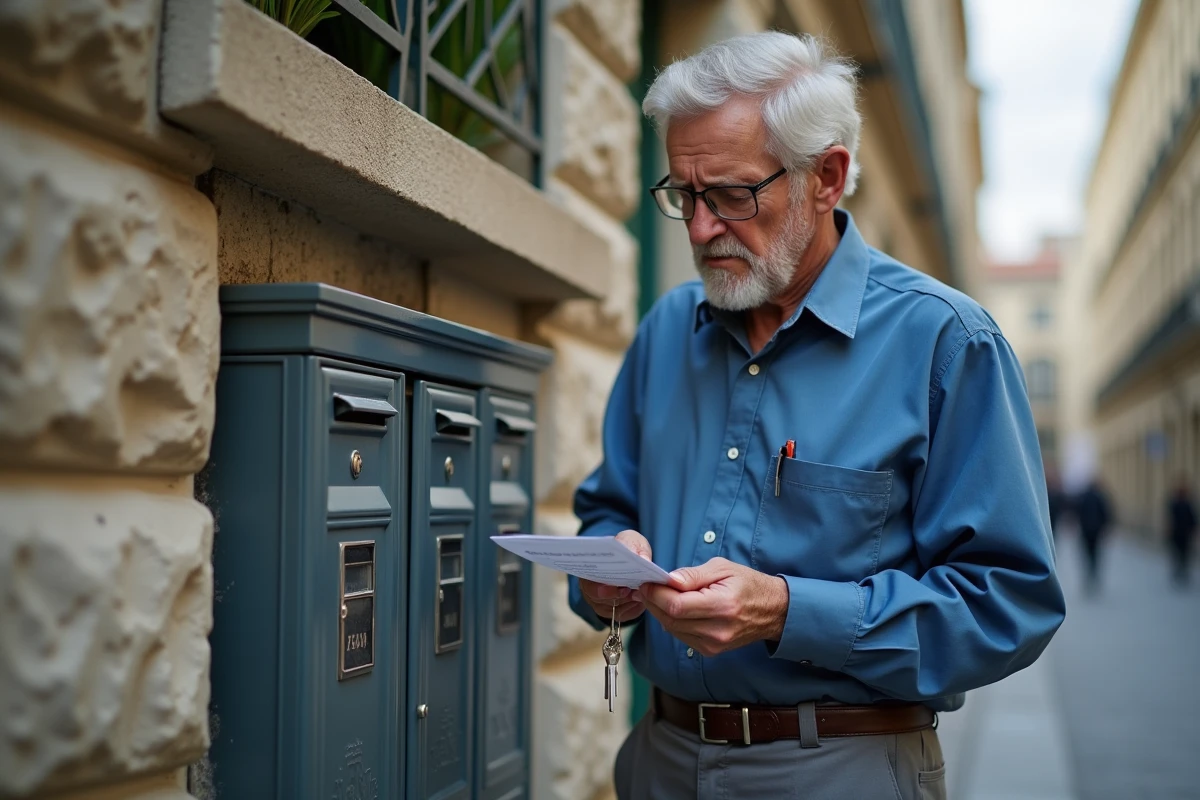 Homme vérifiant une clé devant une boîte aux lettres parisienne
