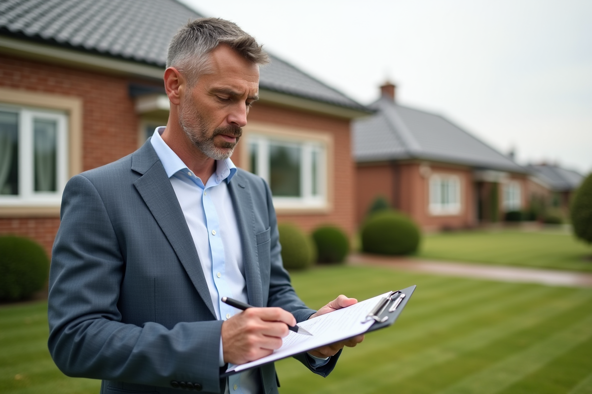 Homme inspectant une maison dans une rue résidentielle