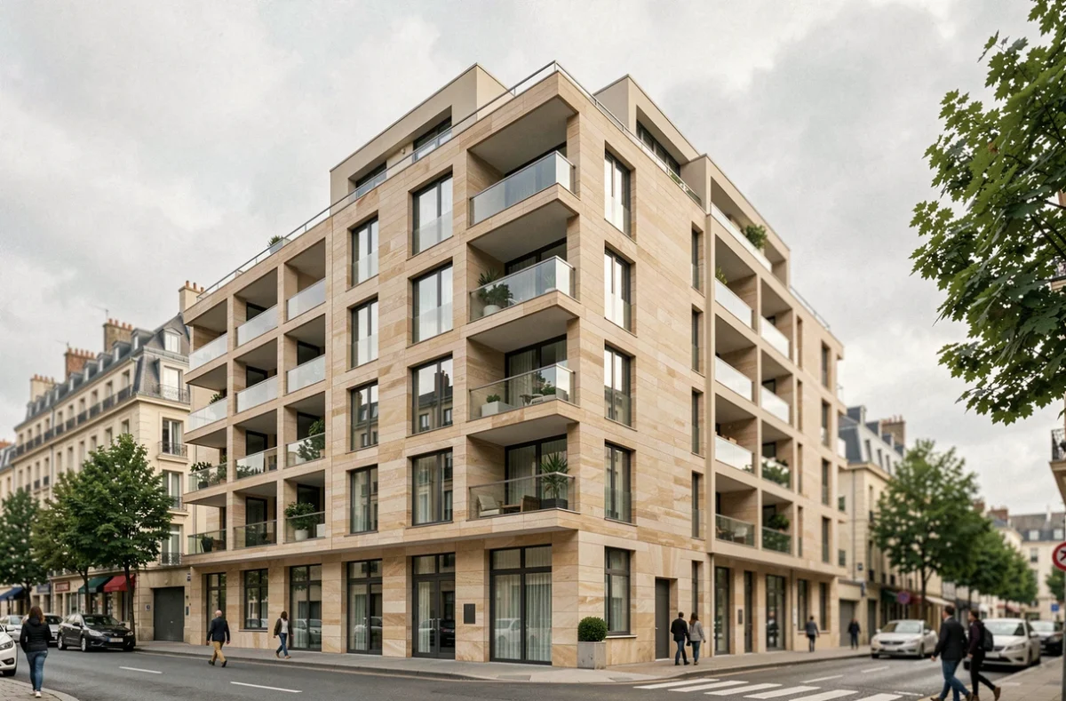 Immeuble résidentiel neuf éligible Pinel à Bordeaux avec balcons vitrés et façade en pierre dorée
