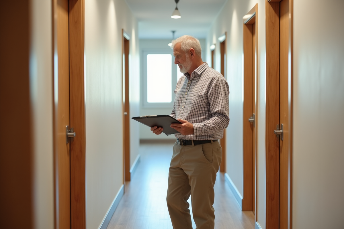 Homme plus age inspectant un couloir apres peinture